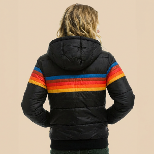 Keira | Women's Hooded Color-Block Puffer Jacket with Retro Stripes and Zip Front