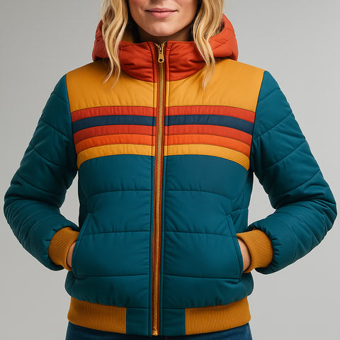 Keira | Women's Hooded Color-Block Puffer Jacket with Retro Stripes and Zip Front