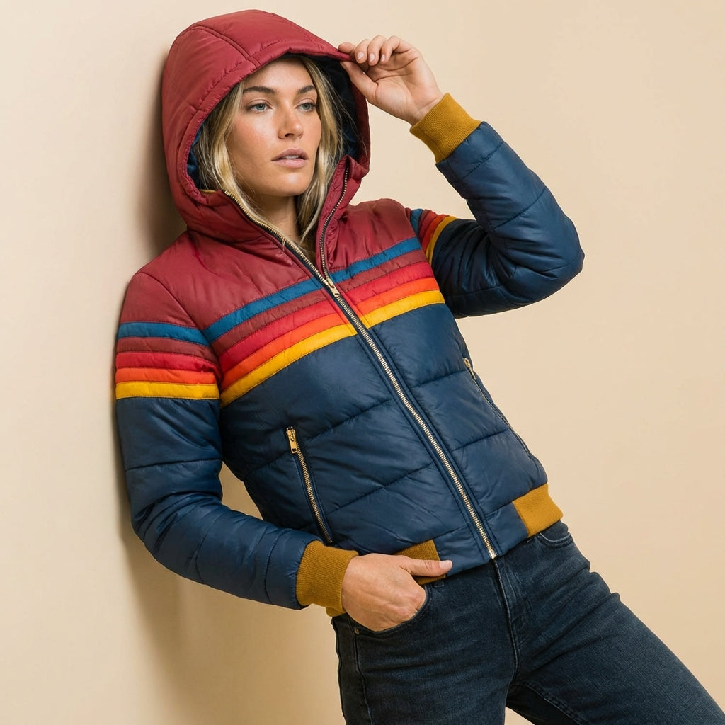 Keira | Women's Hooded Color-Block Puffer Jacket with Retro Stripes and Zip Front