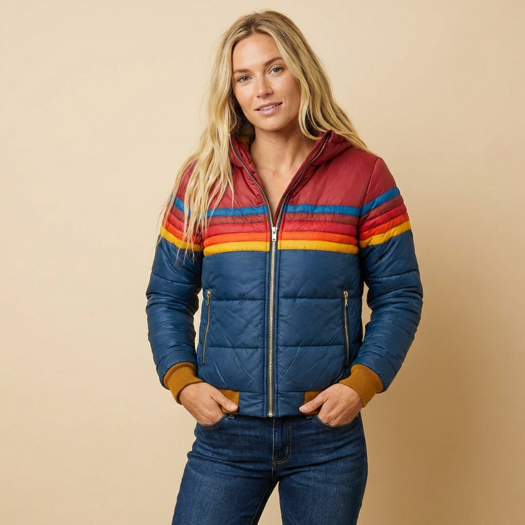 Keira | Women's Hooded Color-Block Puffer Jacket with Retro Stripes and Zip Front