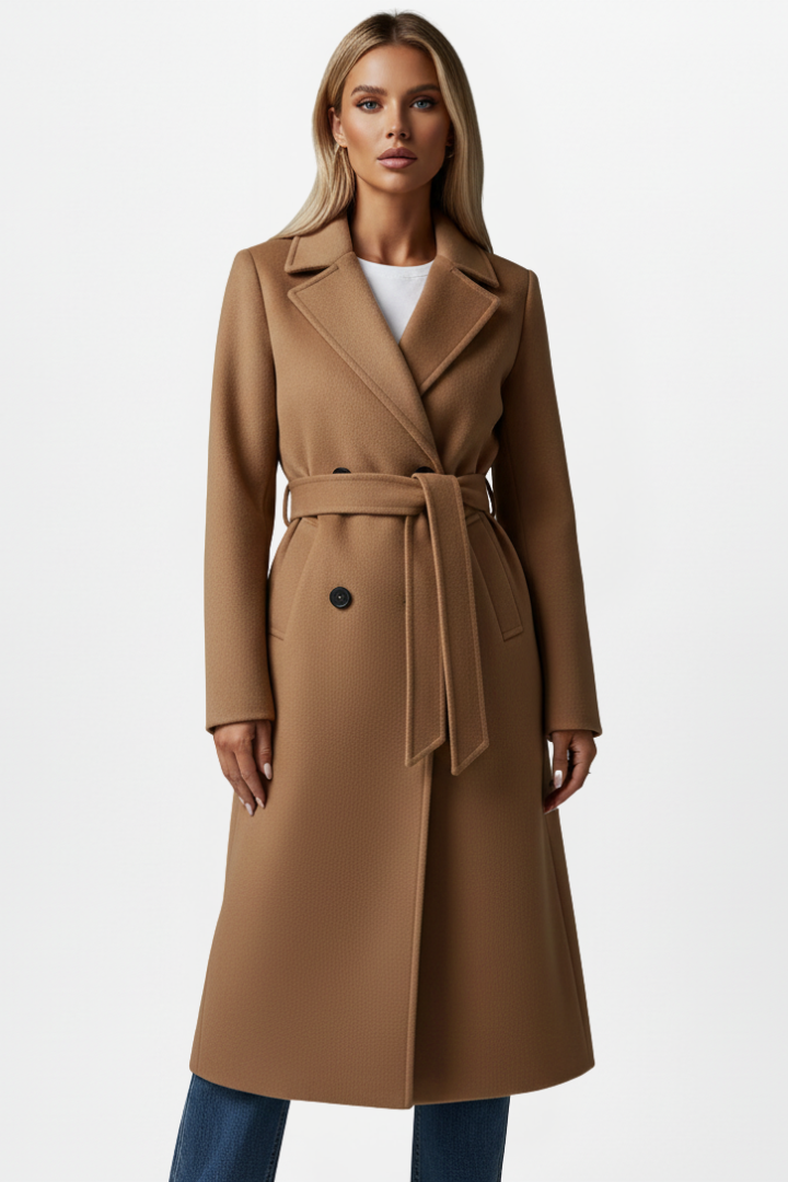 Odette | Women's Double-Breasted Long Coat with Tie Waist Belt
