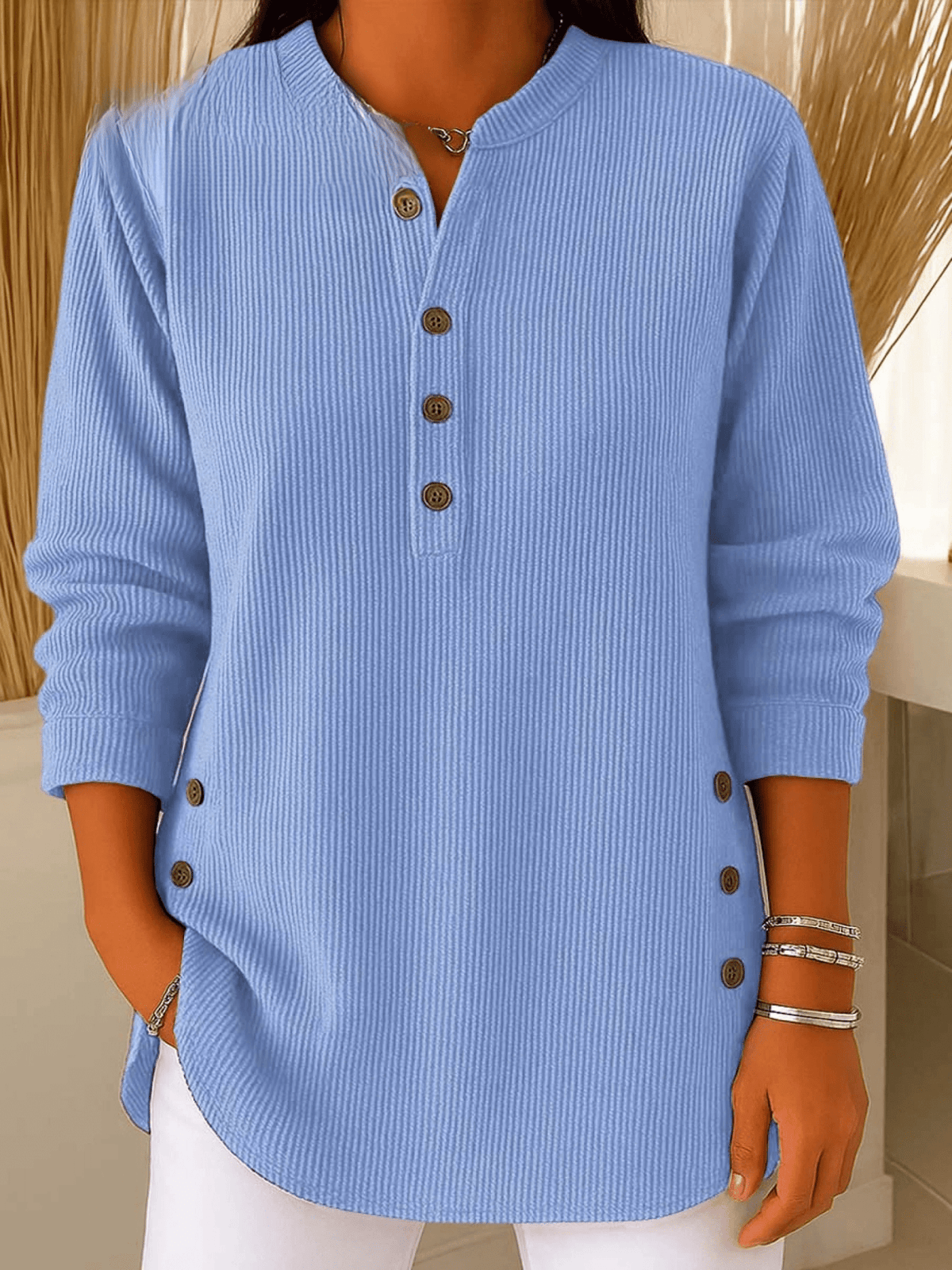Lunavelle | Women's Ribbed Tunic Top with Henley Neckline and Side Buttons