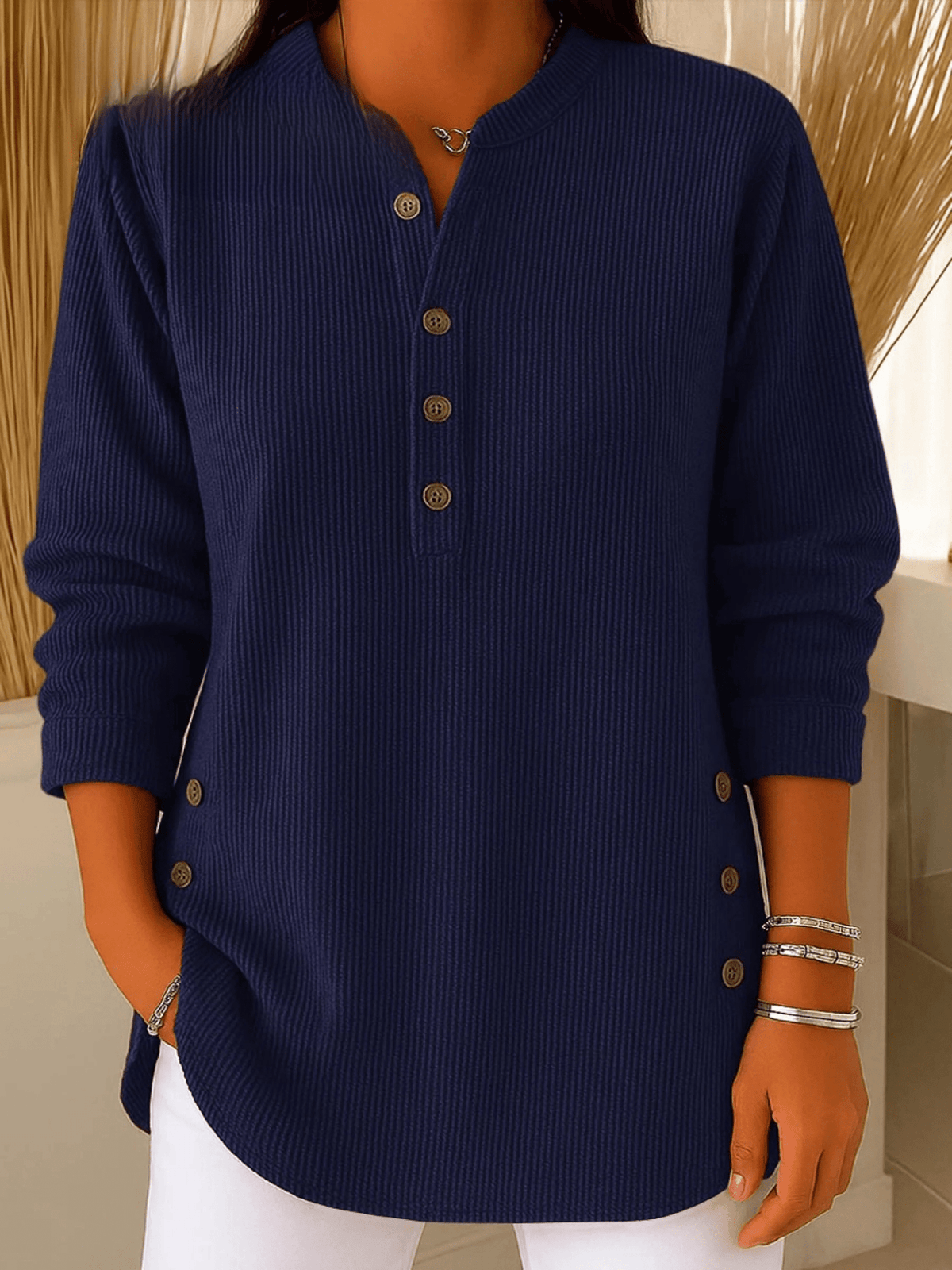 Lunavelle | Women's Ribbed Tunic Top with Henley Neckline and Side Buttons
