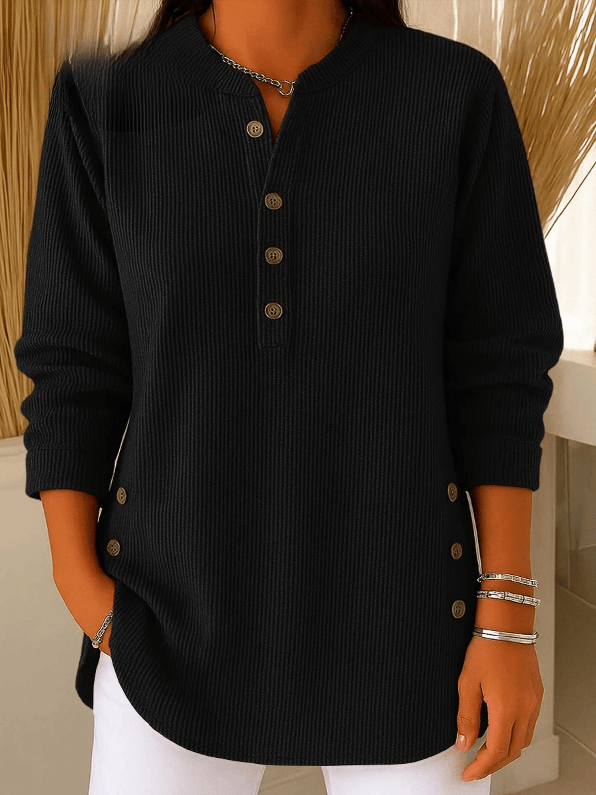 Lunavelle | Women's Ribbed Tunic Top with Henley Neckline and Side Buttons
