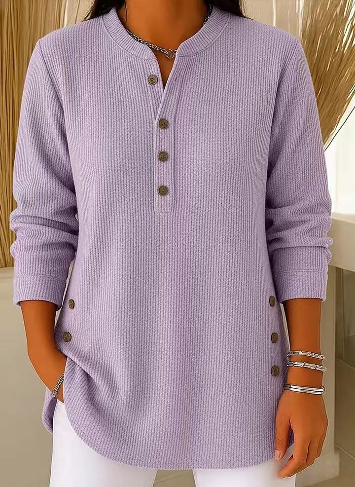 Lunavelle | Women's Ribbed Tunic Top with Henley Neckline and Side Buttons