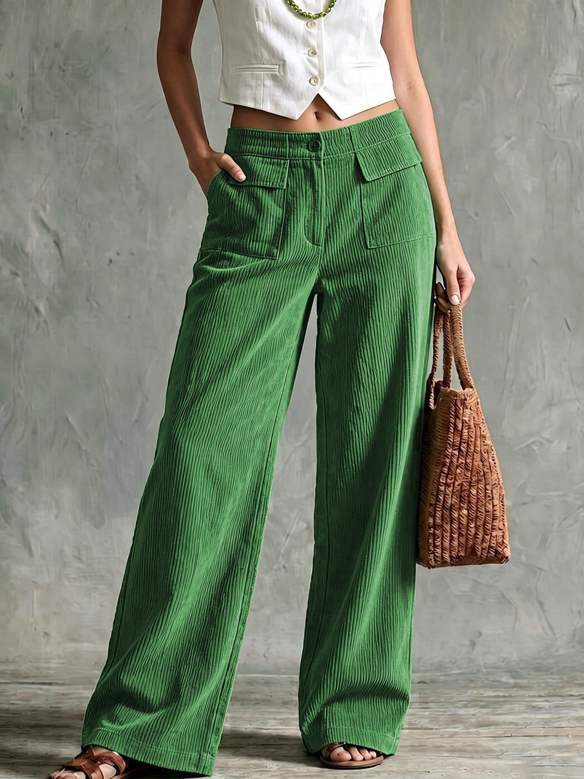 Macy | Women's Retro Wide-Leg Trousers with Front Patch Pockets