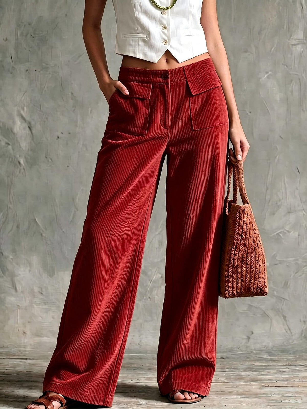 Macy | Women's Retro Wide-Leg Trousers with Front Patch Pockets