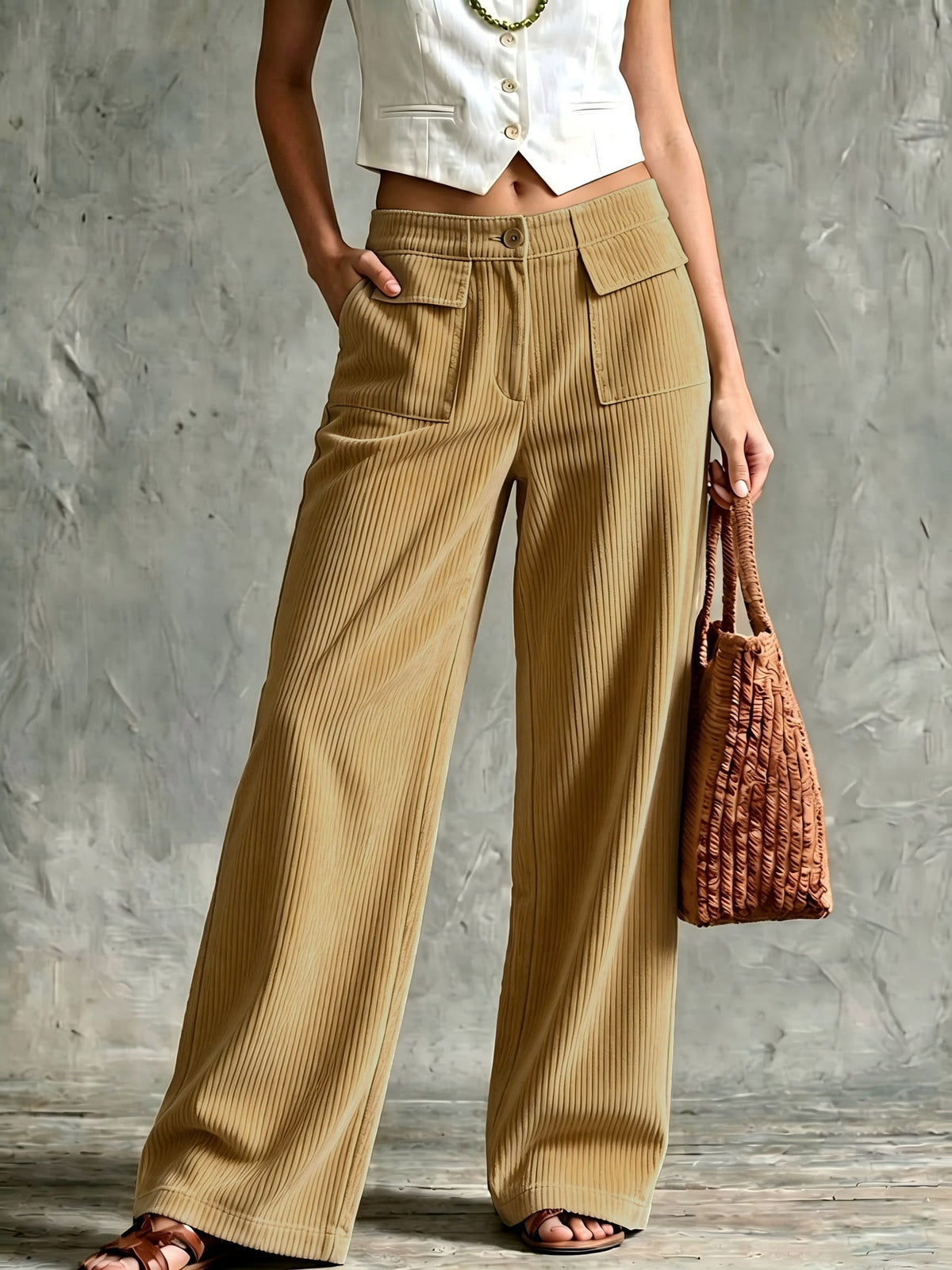 Macy | Women's Retro Wide-Leg Trousers with Front Patch Pockets