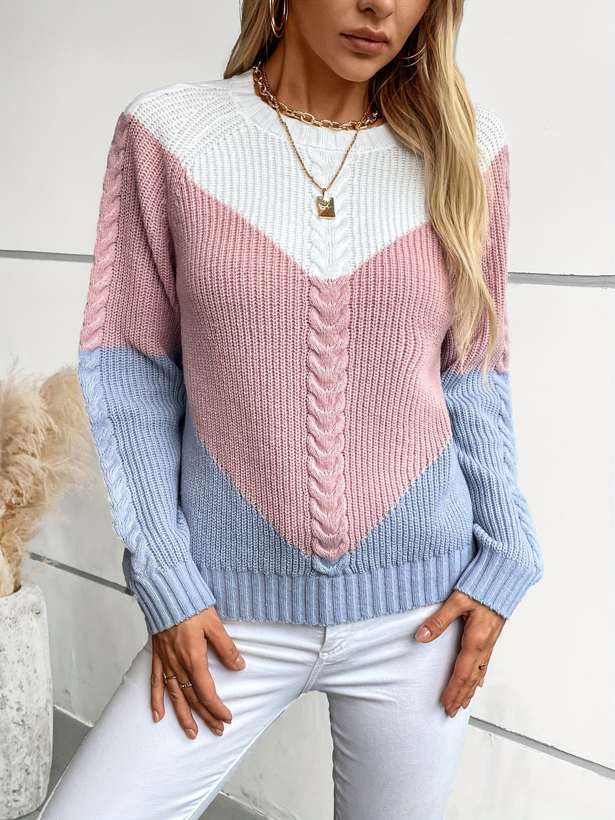 Maddie | Women's Chevron Colorblock Sweater with Cable Detail