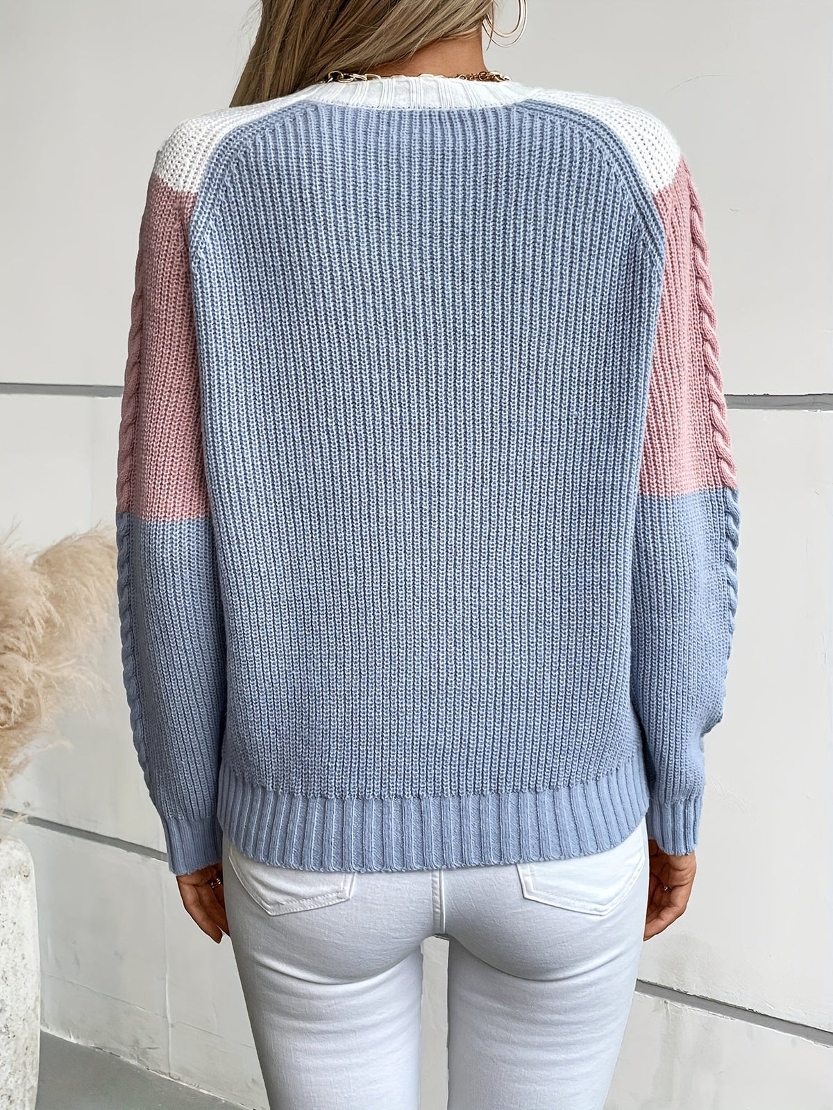 Maddie | Women's Chevron Colorblock Sweater with Cable Detail