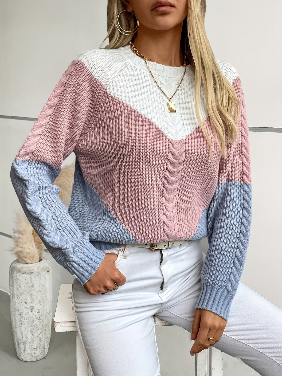 Maddie | Women's Chevron Colorblock Sweater with Cable Detail