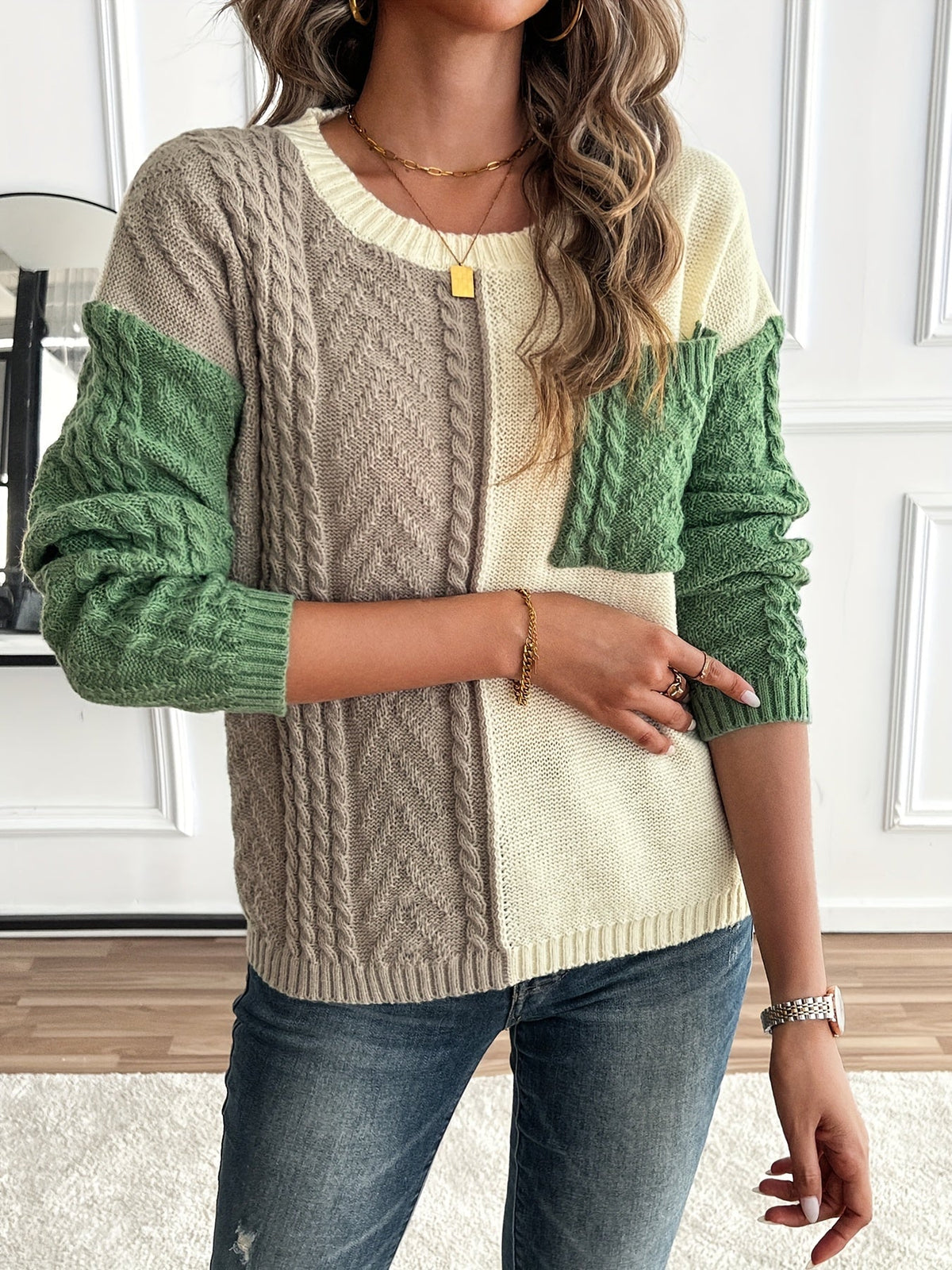 Madeline | Women's Color Block Textured Sweater with Front Pocket