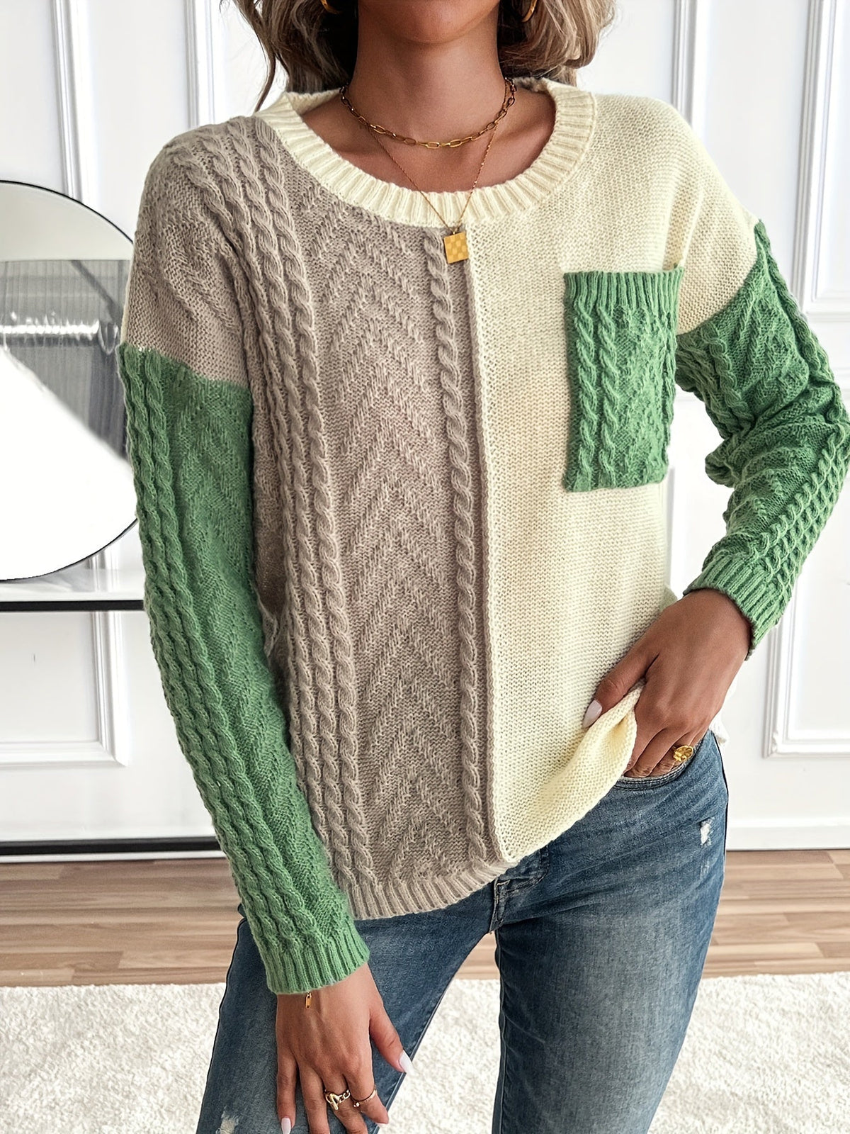 Madeline | Women's Color Block Textured Sweater with Front Pocket