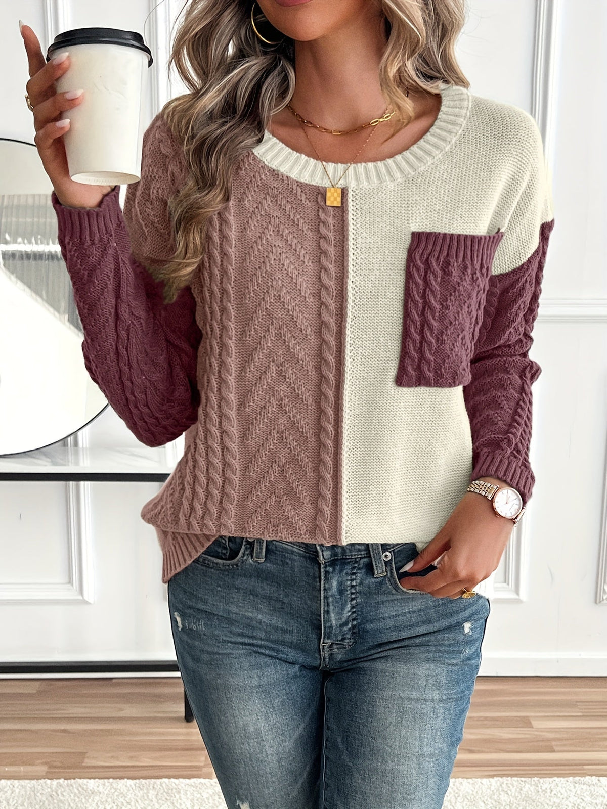 Madeline | Women's Color Block Textured Sweater with Front Pocket