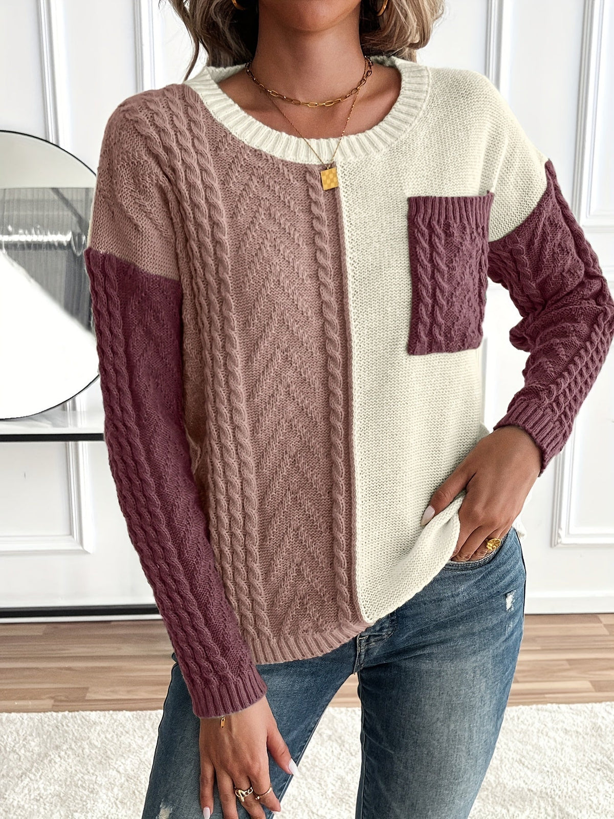 Madeline | Women's Color Block Textured Sweater with Front Pocket