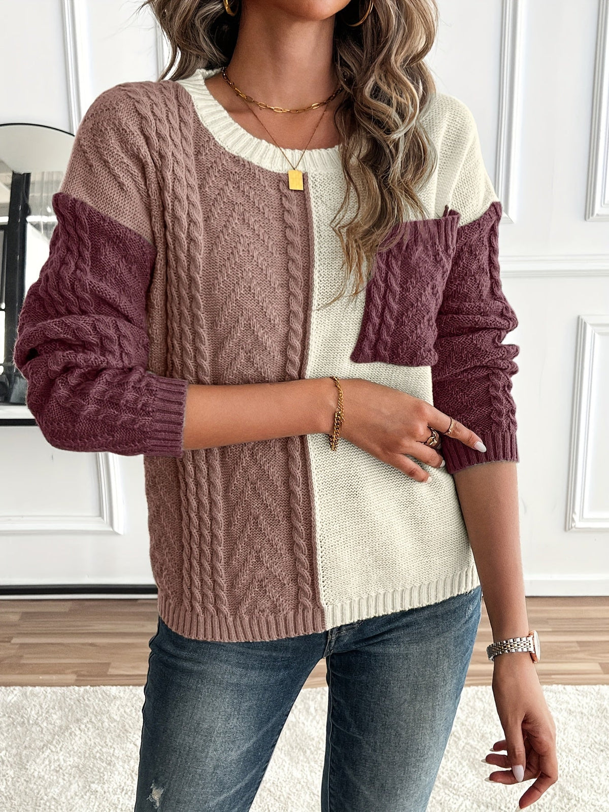 Madeline | Women's Color Block Textured Sweater with Front Pocket