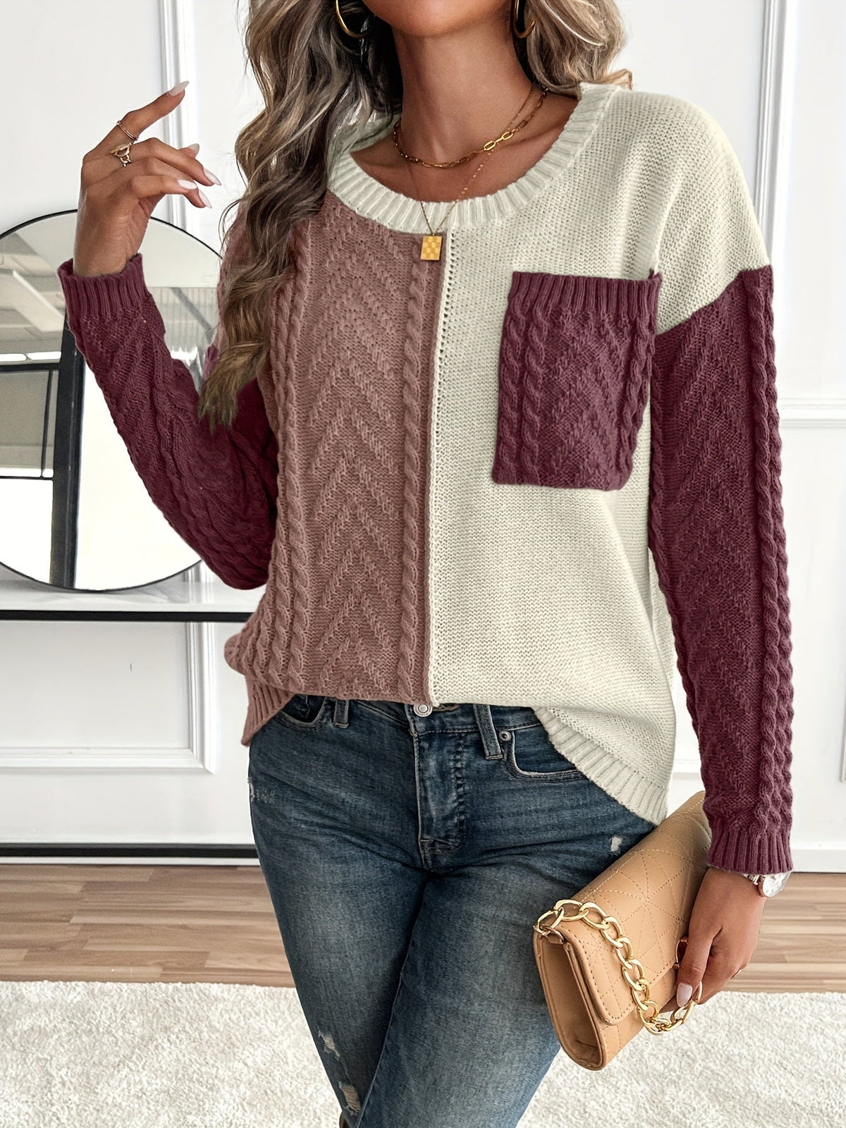 Madeline | Women's Color Block Textured Sweater with Front Pocket
