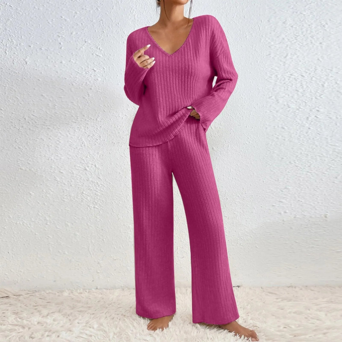 Maisie | Women's V-Neck Two-Piece Lounge Set with Wide-Leg Trousers