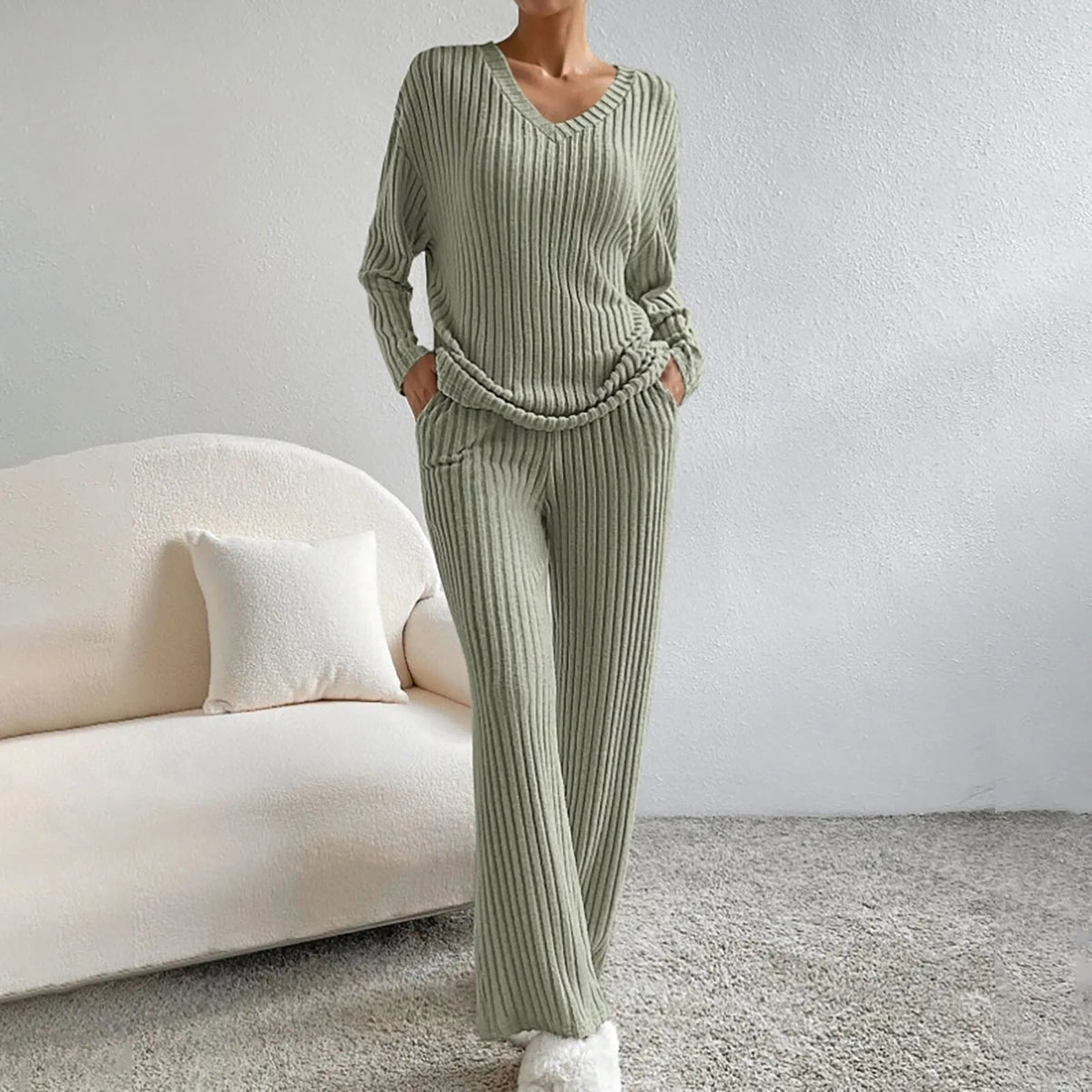 Maisie | Women's V-Neck Two-Piece Lounge Set with Wide-Leg Trousers
