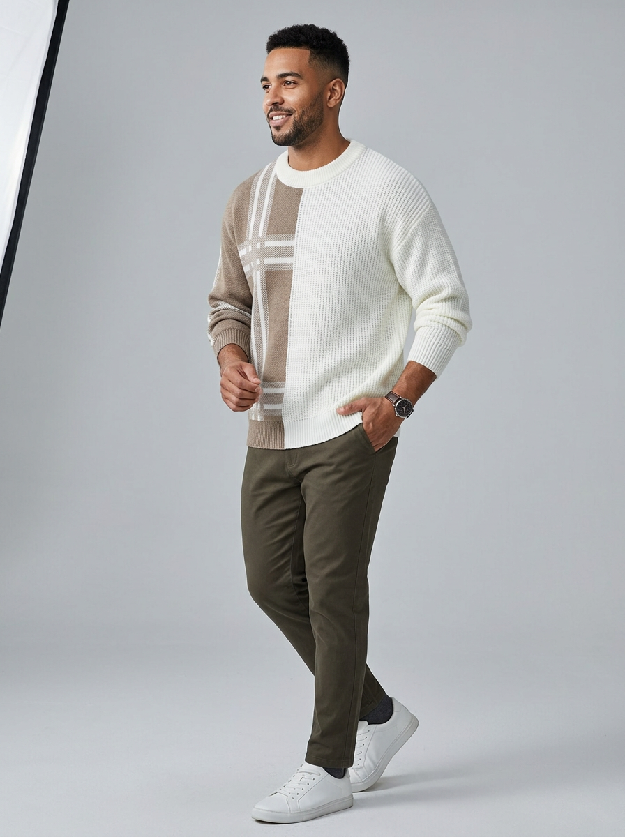 Men's Sweater Color Block Plaid Knit | Crewneck