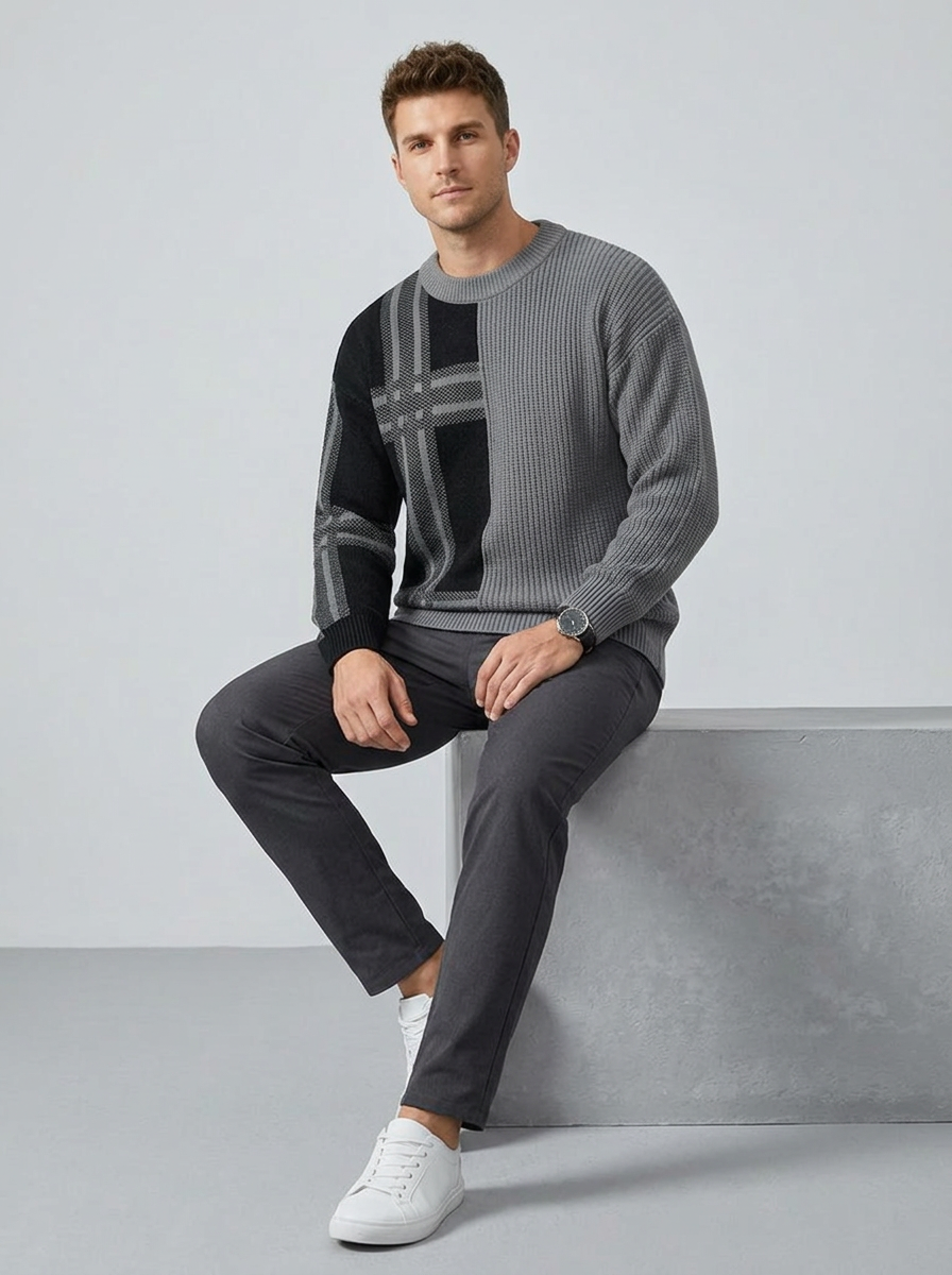 Men's Sweater Color Block Plaid Knit | Crewneck
