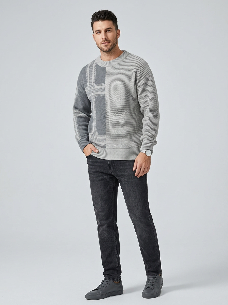 Men's Sweater Color Block Plaid Knit | Crewneck