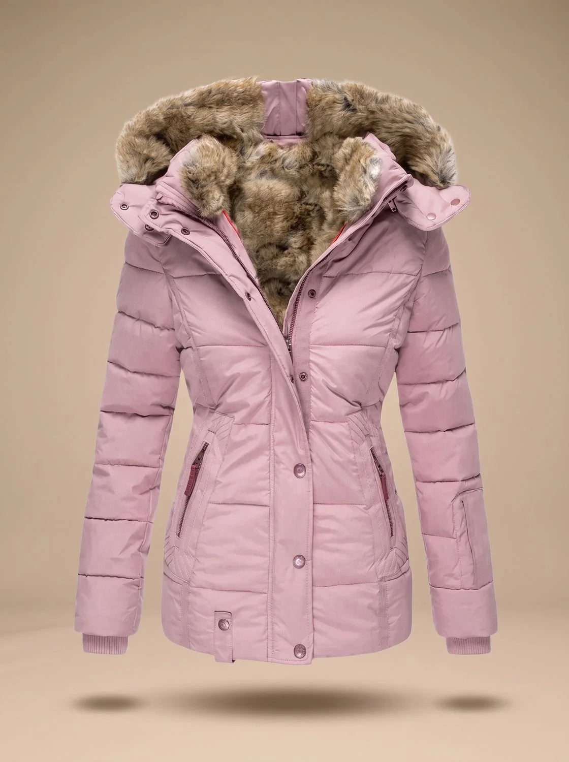 Savannah | Women's Quilted Winter Puffer Coat with Fluffy Hood Trim and Zip Front