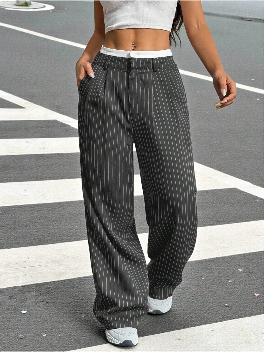Paige | Women's High-Waisted Pinstripe Wide-Leg Trousers