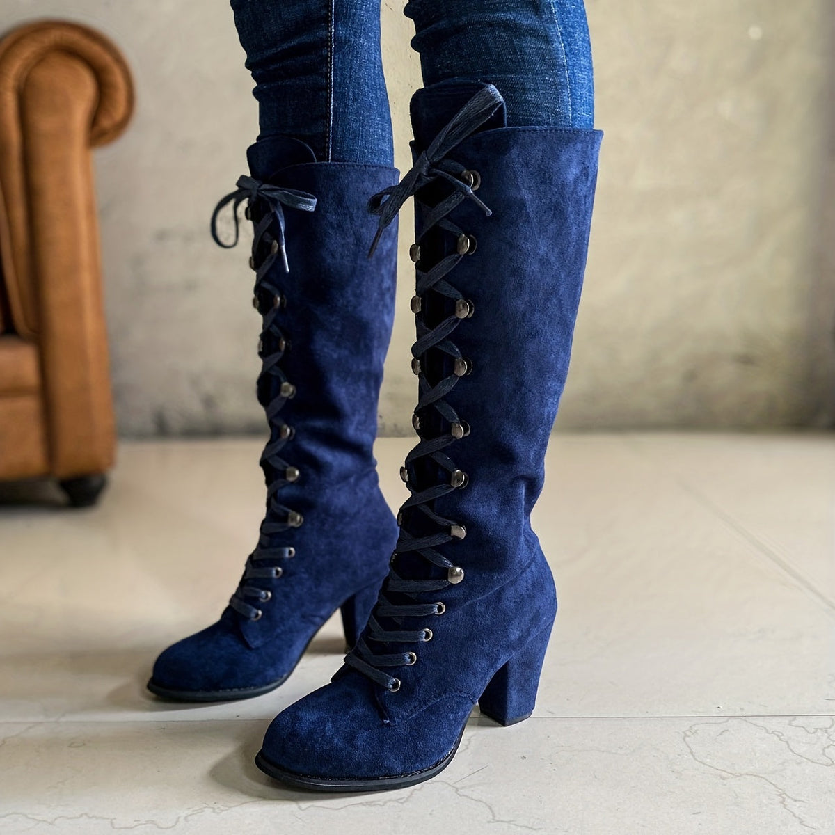 Phoebe | Women’s Lace-Up Knee-High Boots with Chunky Block Heel