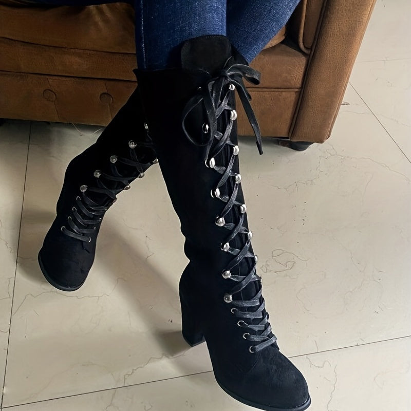 Phoebe | Women’s Lace-Up Knee-High Boots with Chunky Block Heel