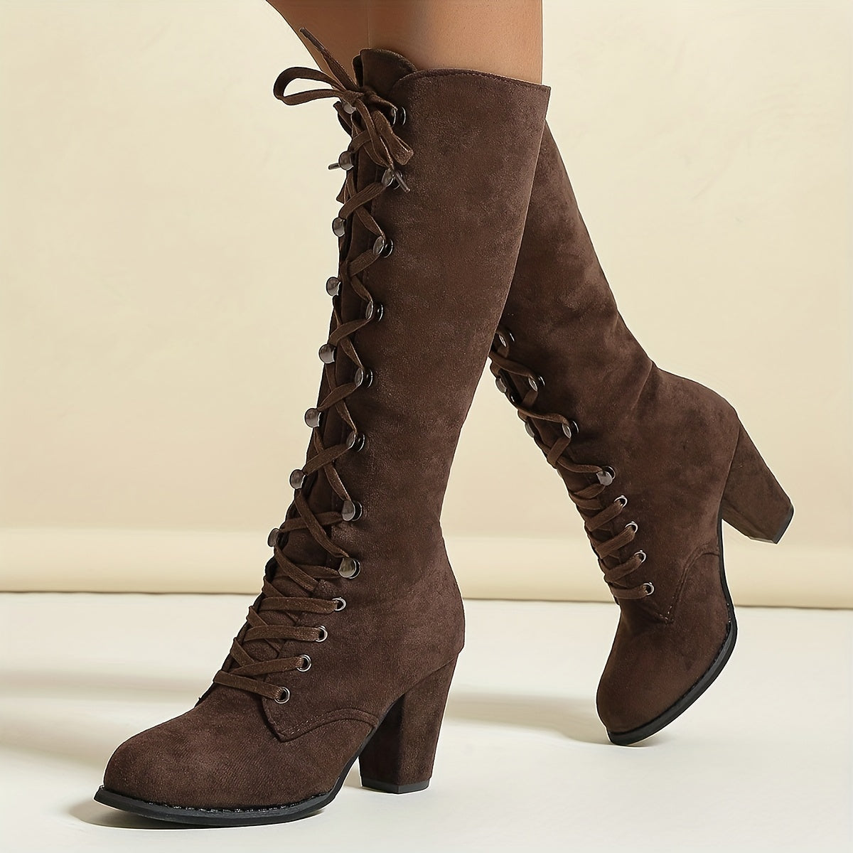 Phoebe | Women’s Lace-Up Knee-High Boots with Chunky Block Heel