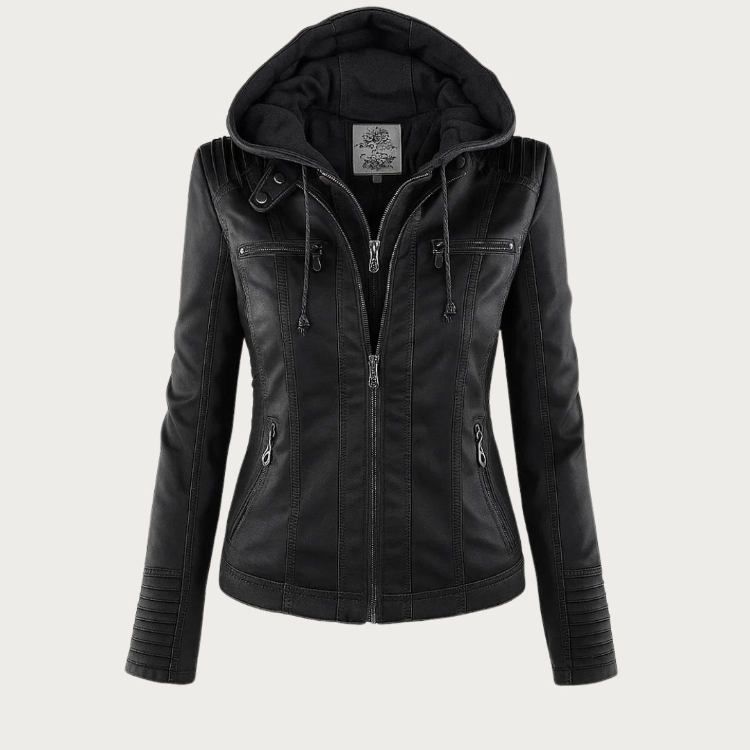 Ravessia | Women's Biker Jacket with Removable Hood and Zip Details