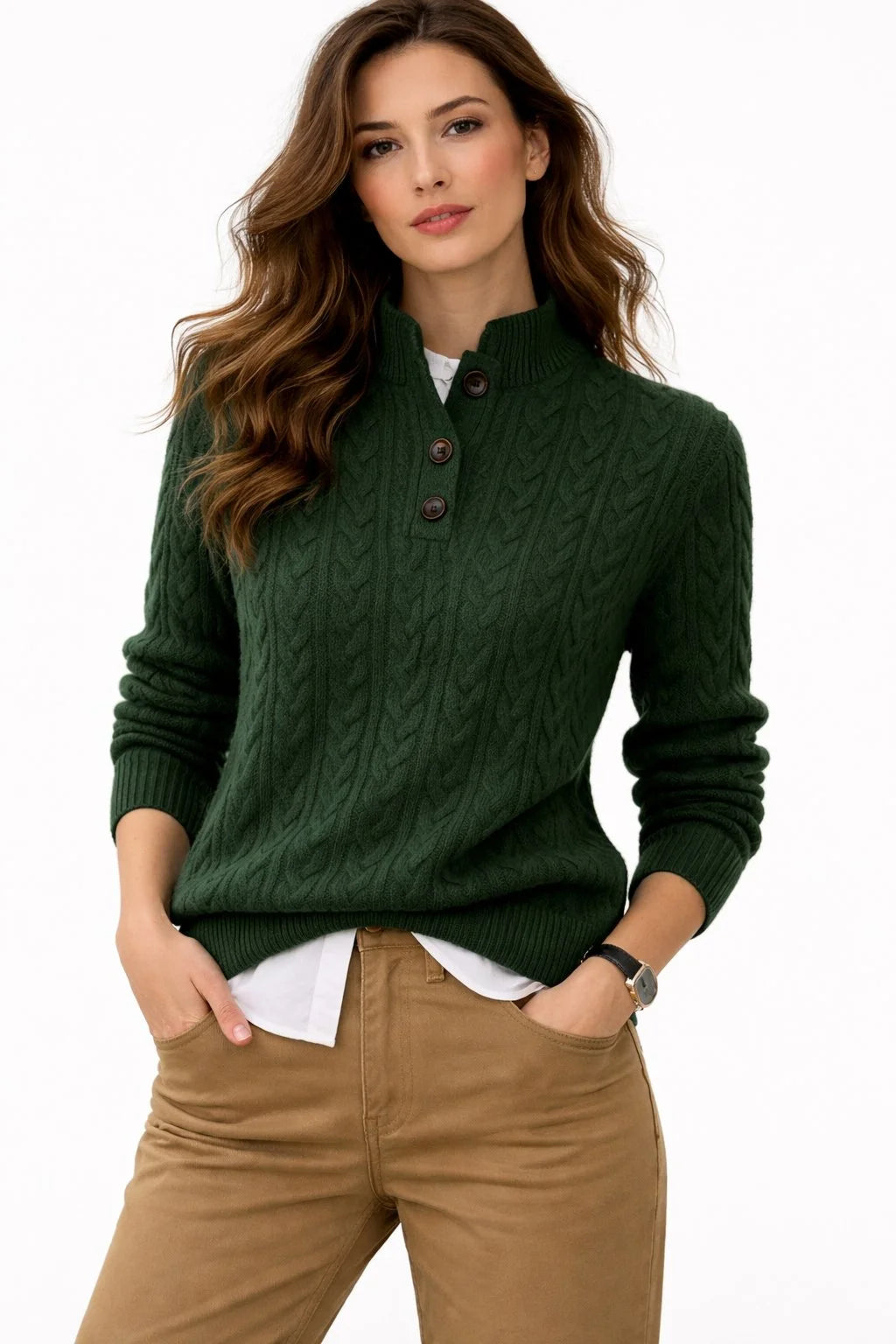 Hazel | Women's Cable-Pattern Pullover Sweater with Button Mock Neck