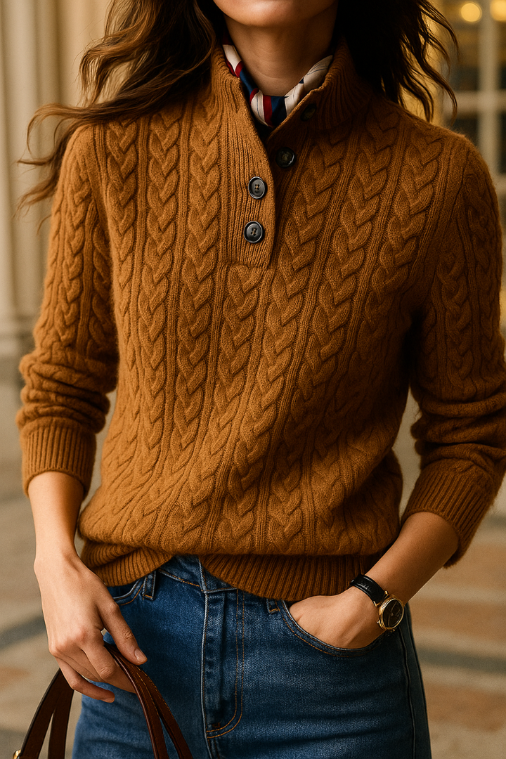 Hazel | Women's Cable-Pattern Pullover Sweater with Button Mock Neck