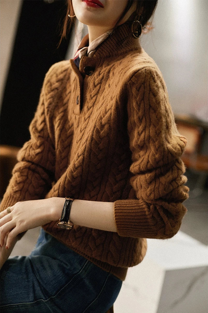 Hazel | Women's Cable-Pattern Pullover Sweater with Button Mock Neck