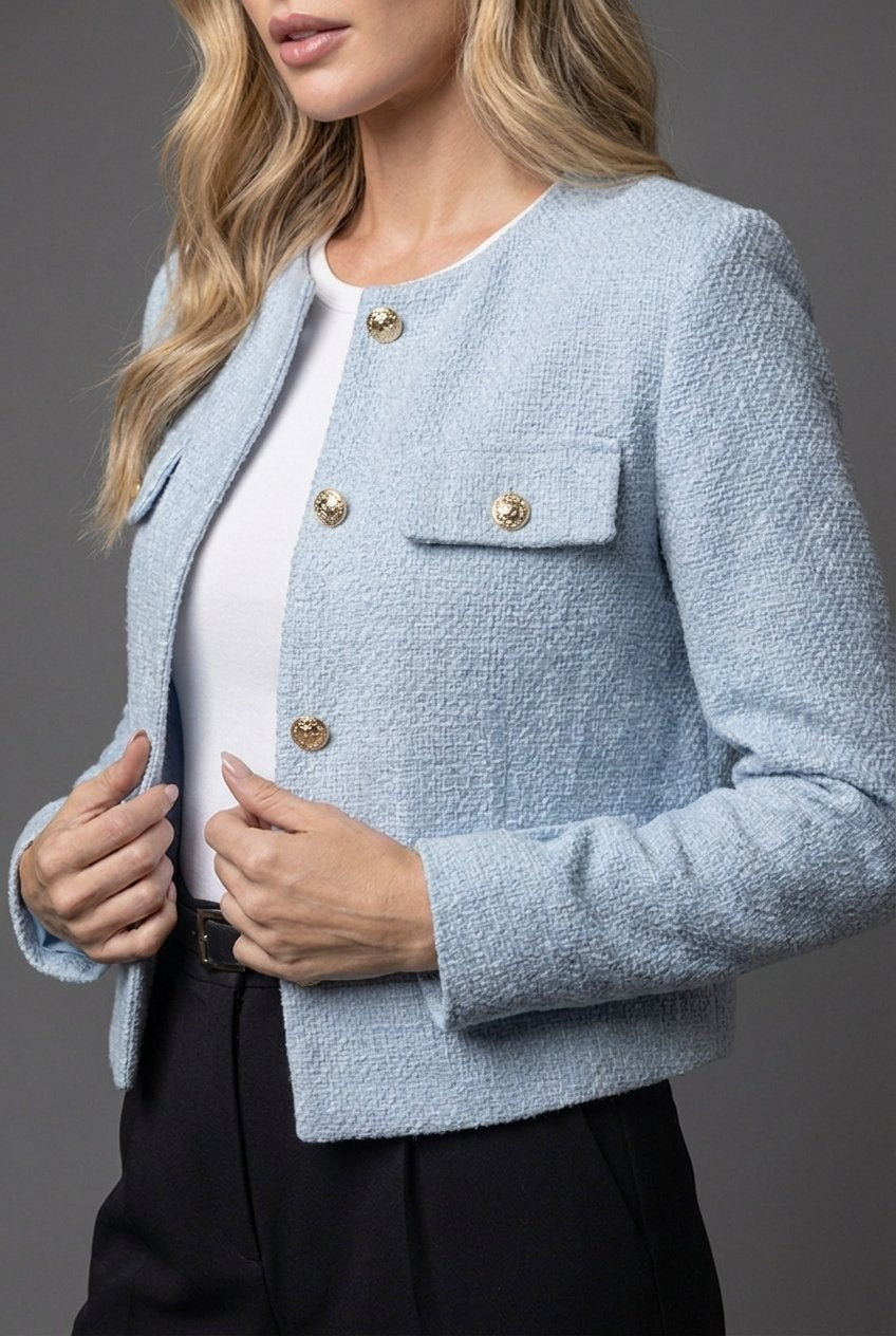 Valloria | Women's Cropped Blazer with Gold Buttons and Flap Pockets