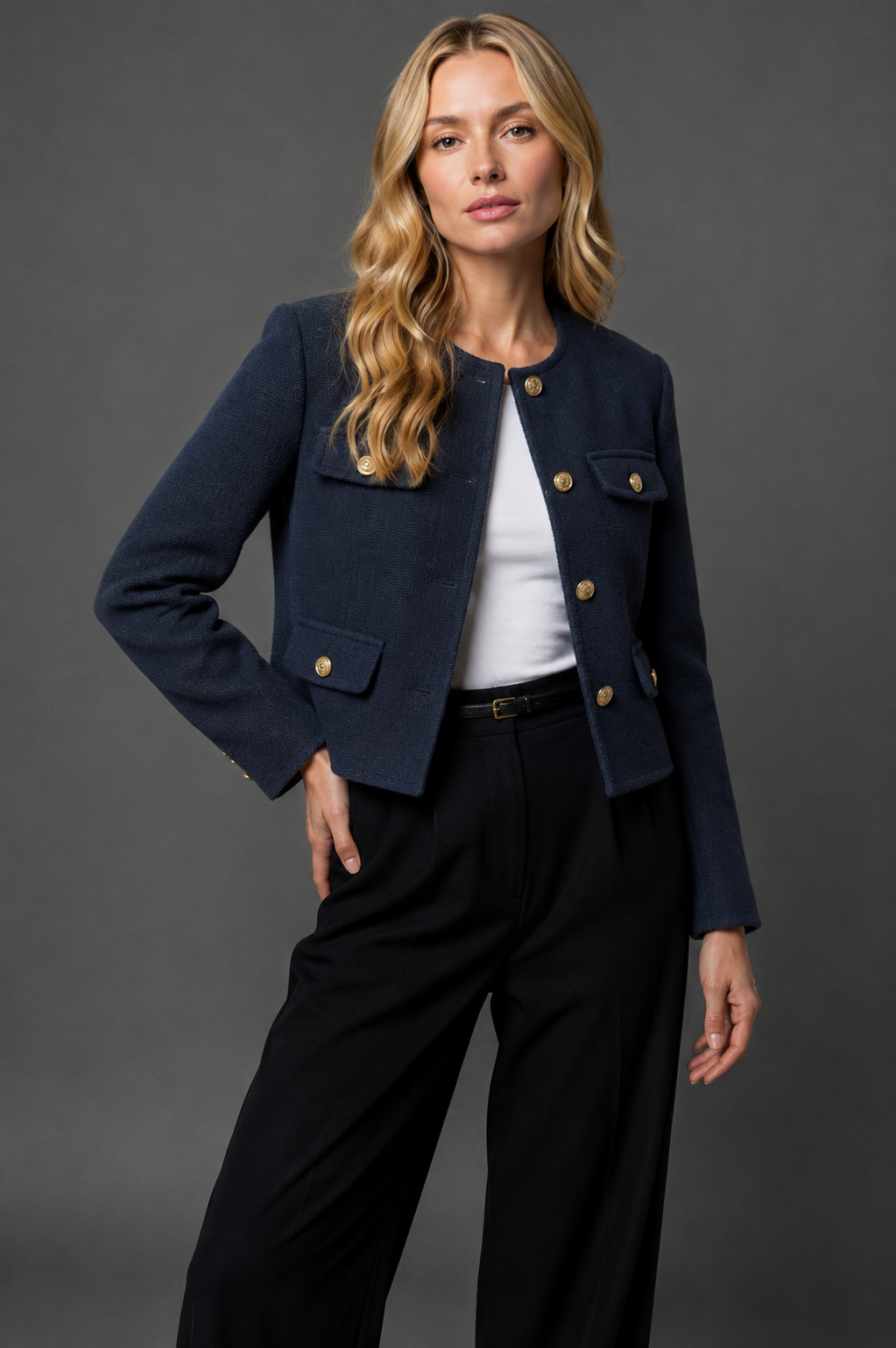 Valloria | Women's Cropped Blazer with Gold Buttons and Flap Pockets
