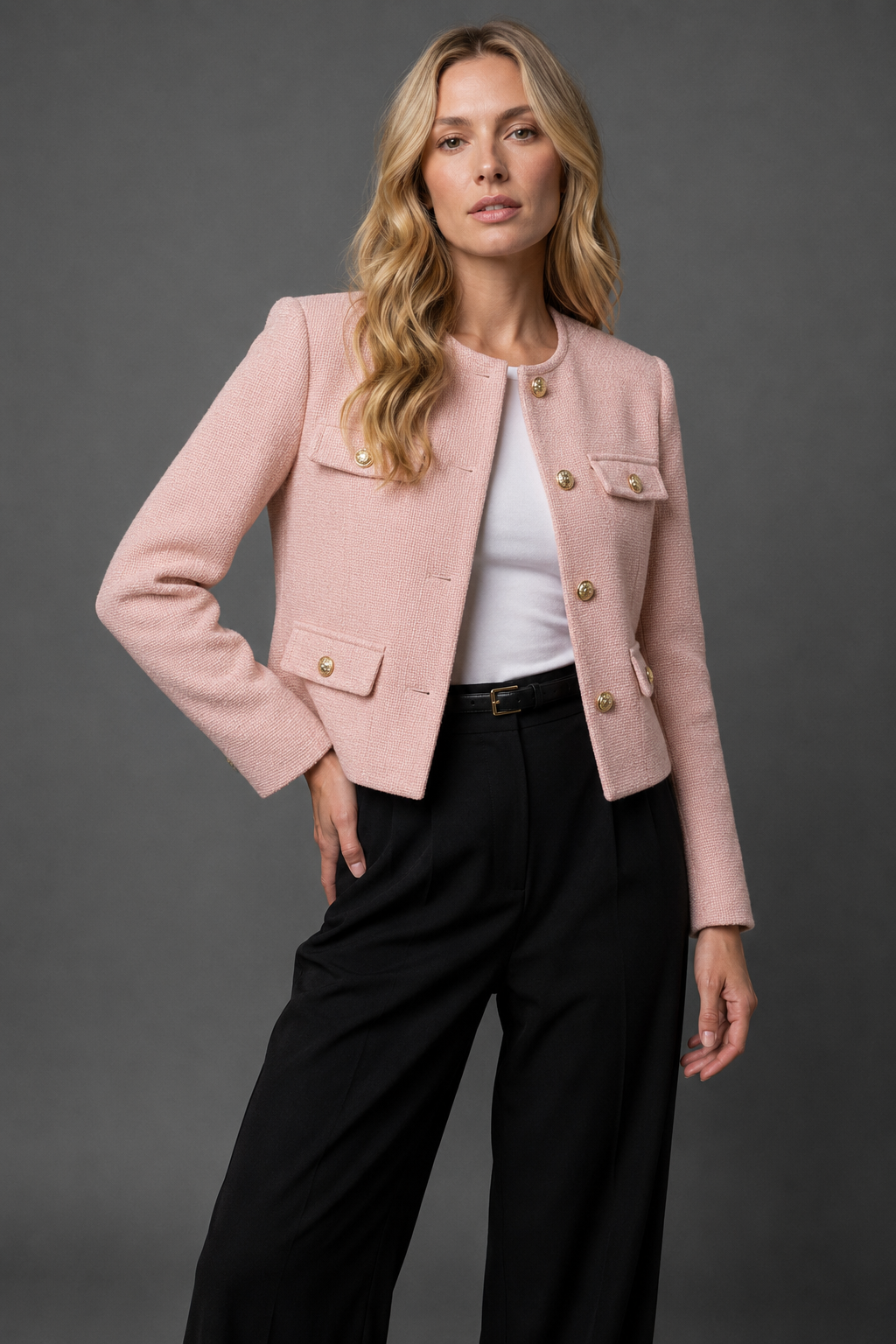 Valloria | Women's Cropped Blazer with Gold Buttons and Flap Pockets
