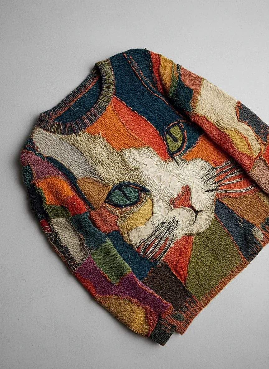 Iris | Women's Relaxed Crewneck Sweater with Colorful Cat Graphic and Patchwork Design
