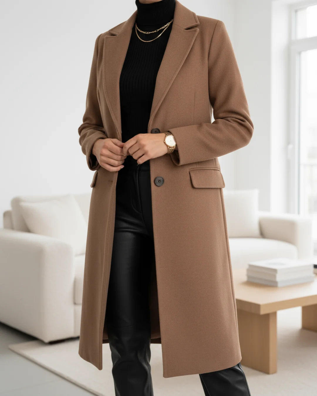 Arabella | Women's Long Tailored Coat with Notched Lapels and Single-Breasted Button Front