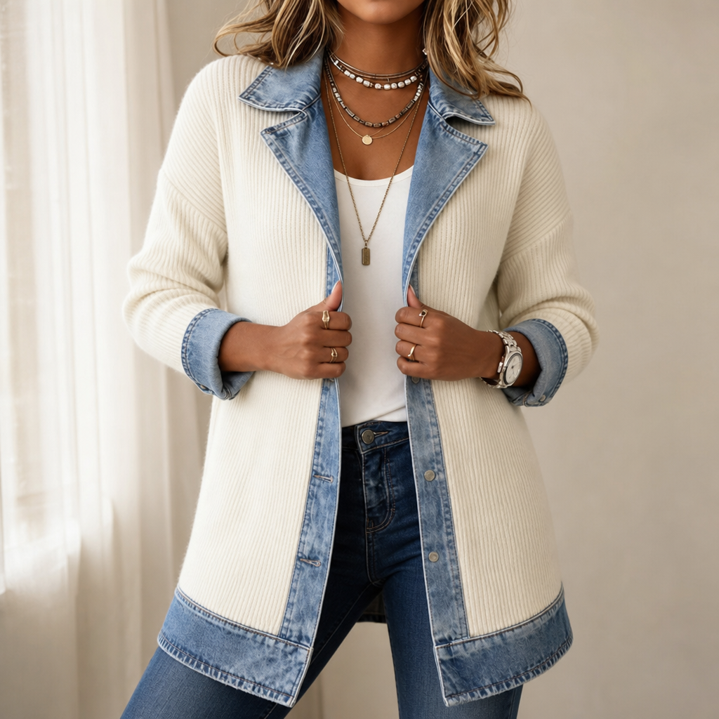 Gemma | Women's Ribbed Longline Cardigan Coat with Contrast Panel Details