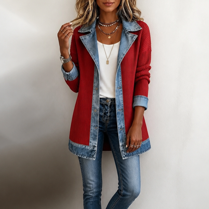 Gemma | Women's Ribbed Longline Cardigan Coat with Contrast Panel Details