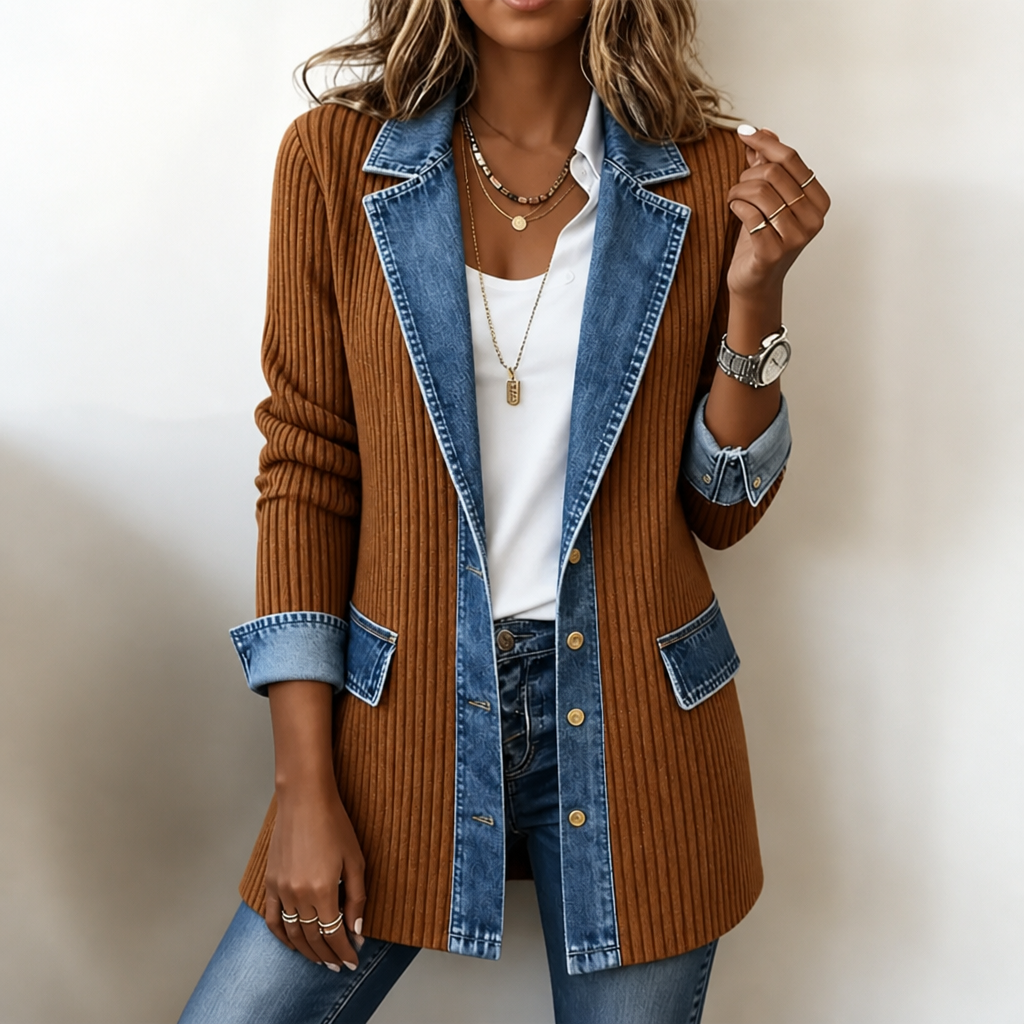 Gemma | Women's Ribbed Longline Cardigan Coat with Contrast Panel Details