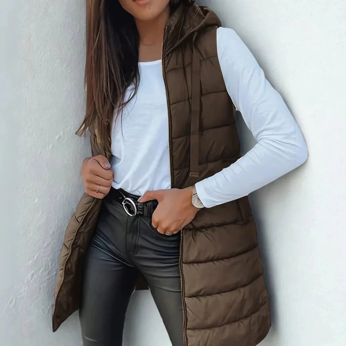 Phoebe | Women's Longline Hooded Puffer Vest with Zip Front and Quilted Design