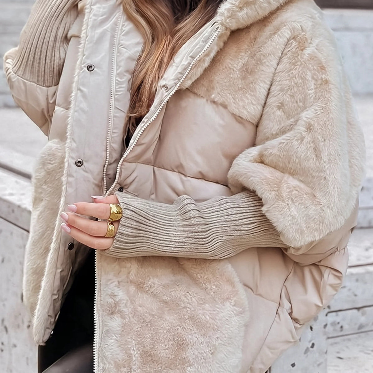 Eliza | Women's Hooded Puffer Coat with Fluffy Contrast Panels and Ribbed Cuffs