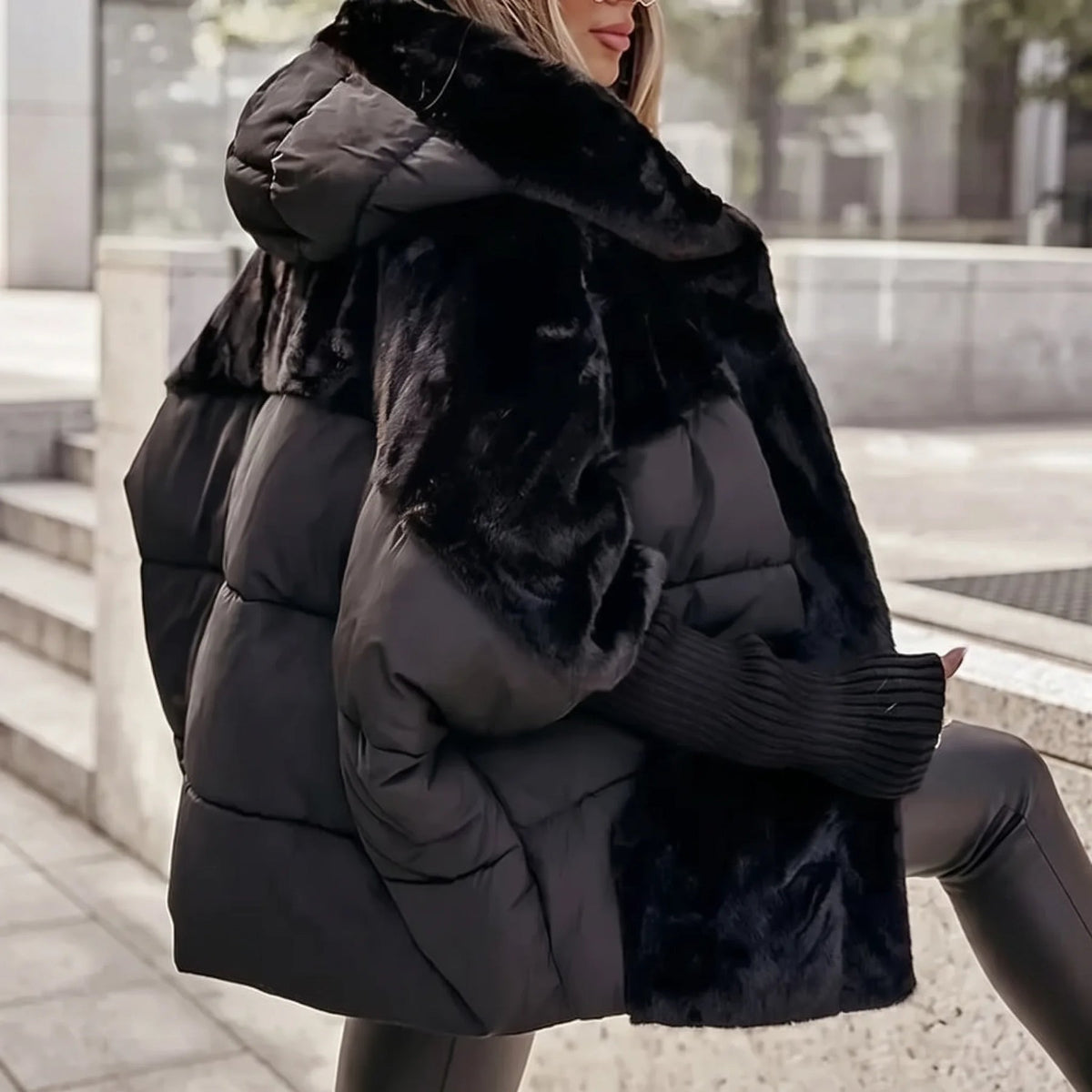 Eliza | Women's Hooded Puffer Coat with Fluffy Contrast Panels and Ribbed Cuffs