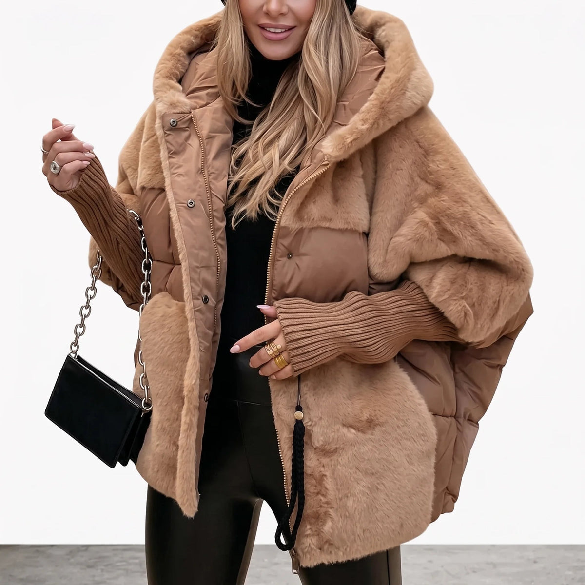 Eliza | Women's Hooded Puffer Coat with Fluffy Contrast Panels and Ribbed Cuffs