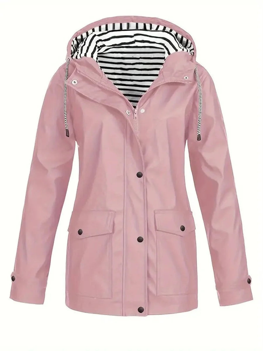 Nora | Women's Hooded Rain Jacket with Striped Lining and Zip-Up Front