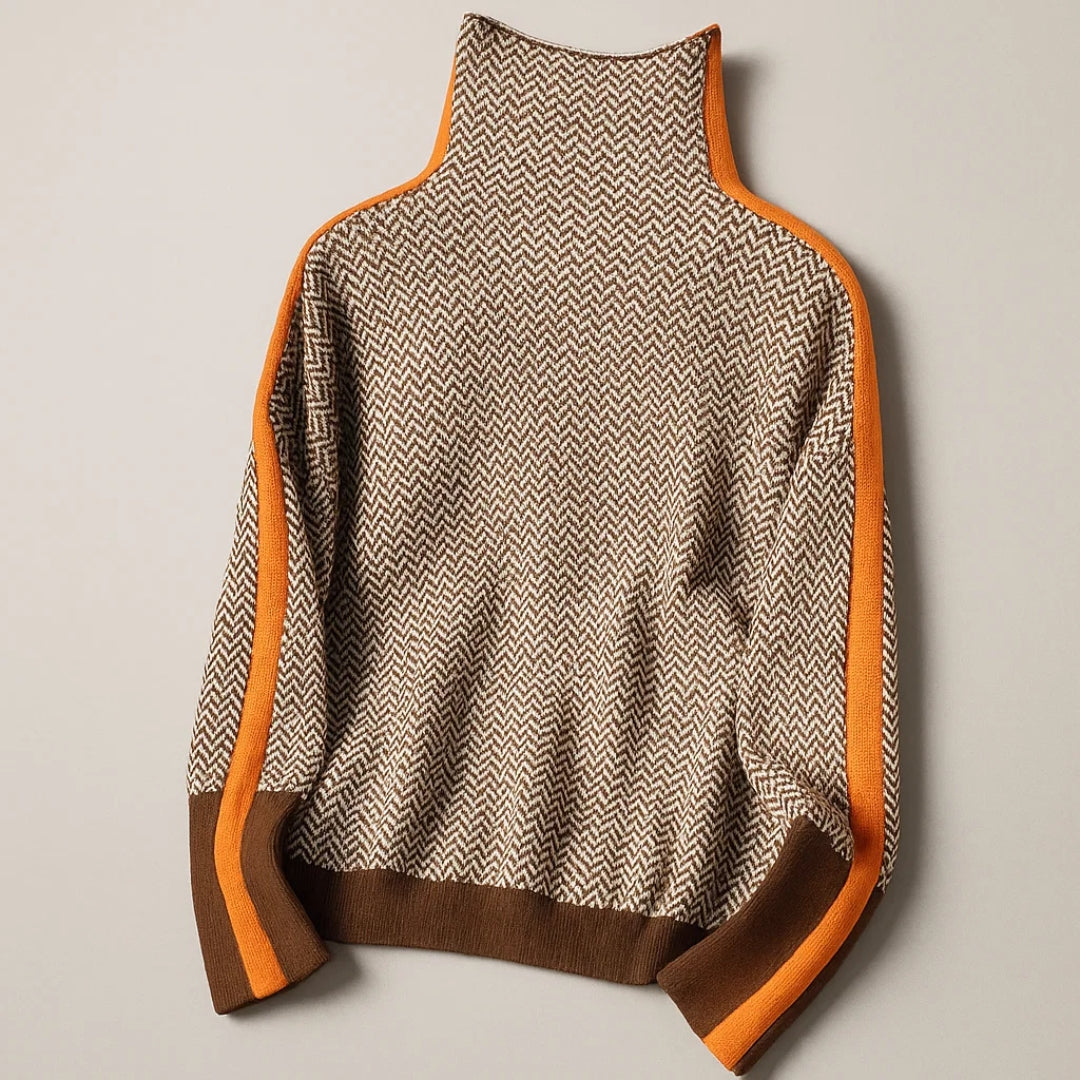 Sylvia | Women's Herringbone-Pattern High-Neck Pullover Sweater with Contrast Sleeve Stripes