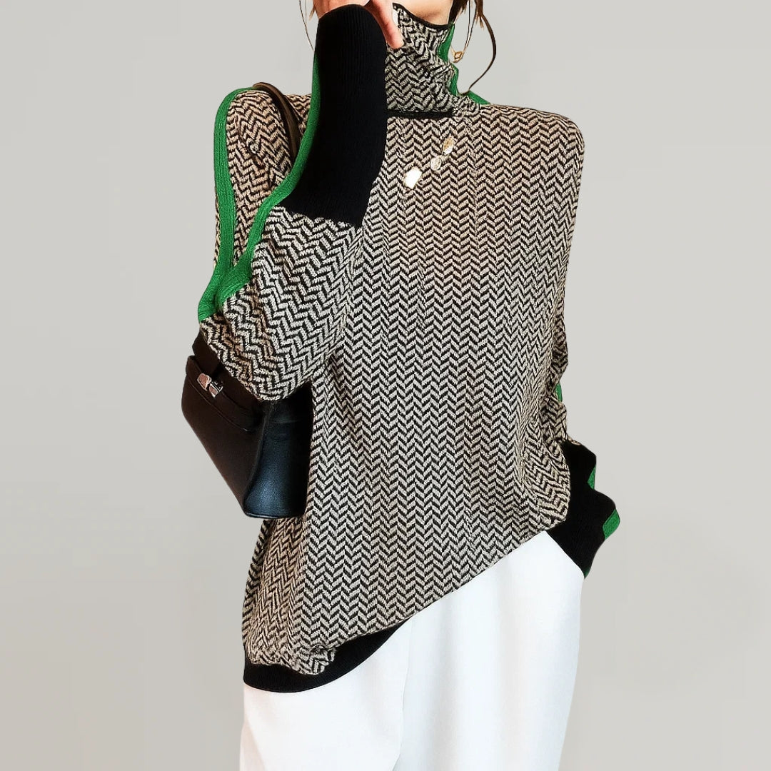 Sylvia | Women's Herringbone-Pattern High-Neck Pullover Sweater with Contrast Sleeve Stripes